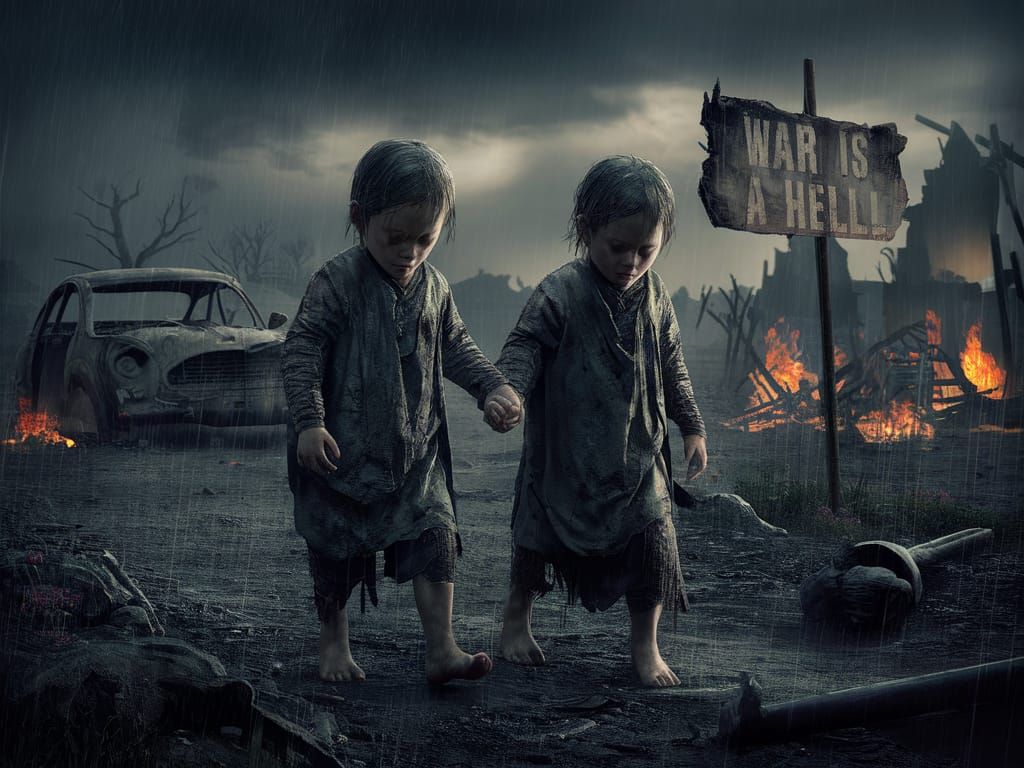 Children in War-Torn Landscape: Digital Art