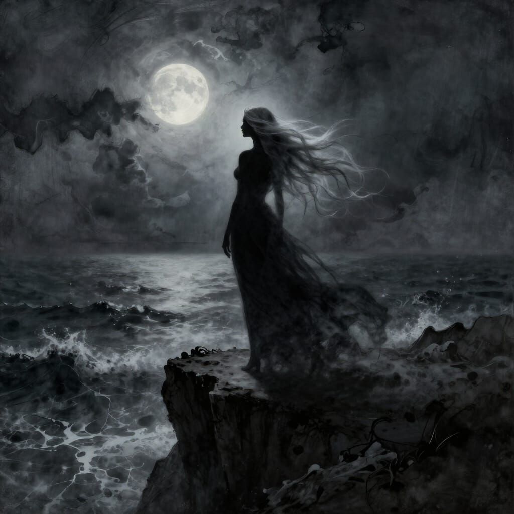 Ethereal Woman on Cliff Overlooking Stormy Sea