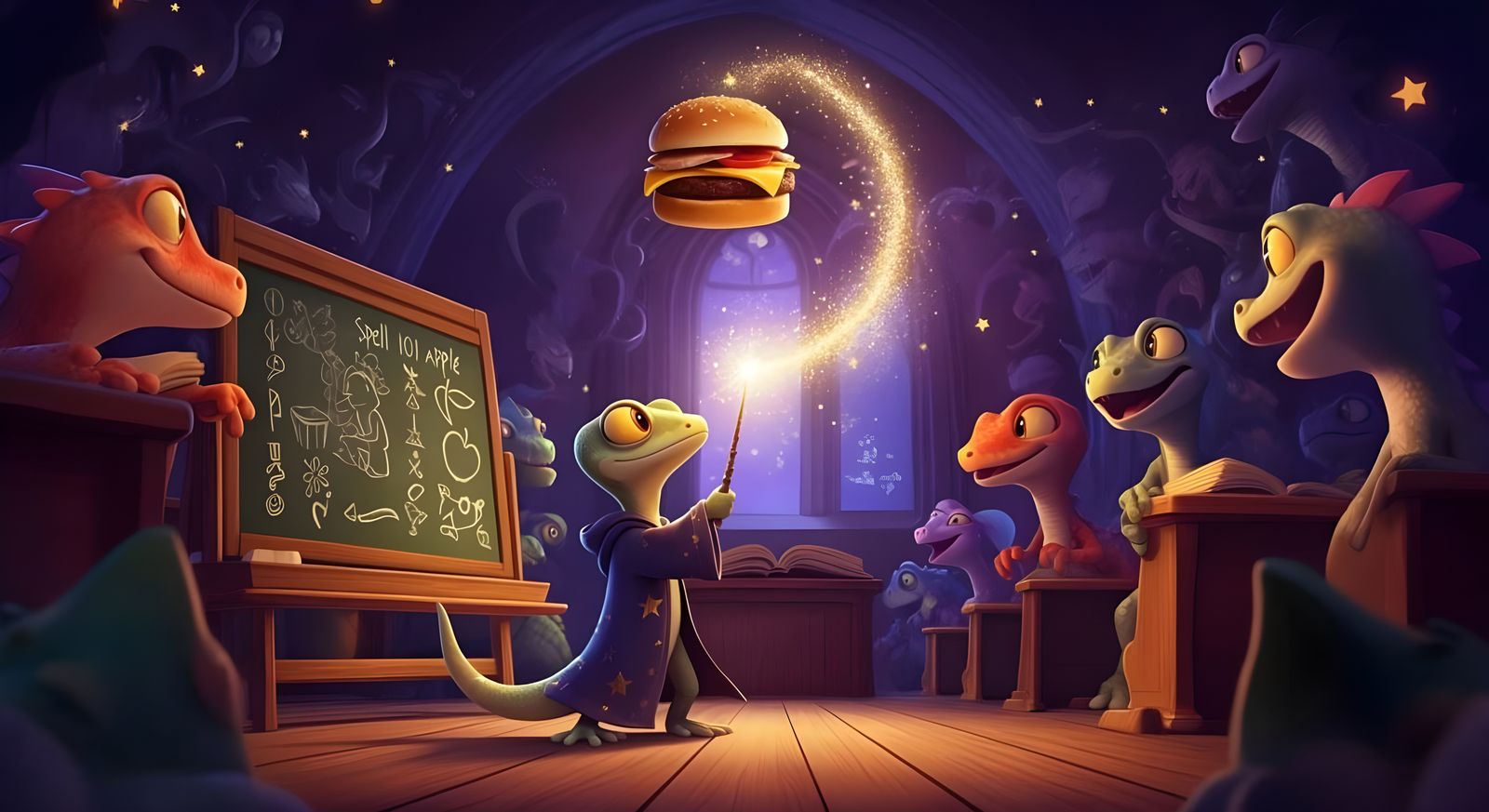 Gecko Wizard's Spell Fails: Pixar-Style 3D Cartoon