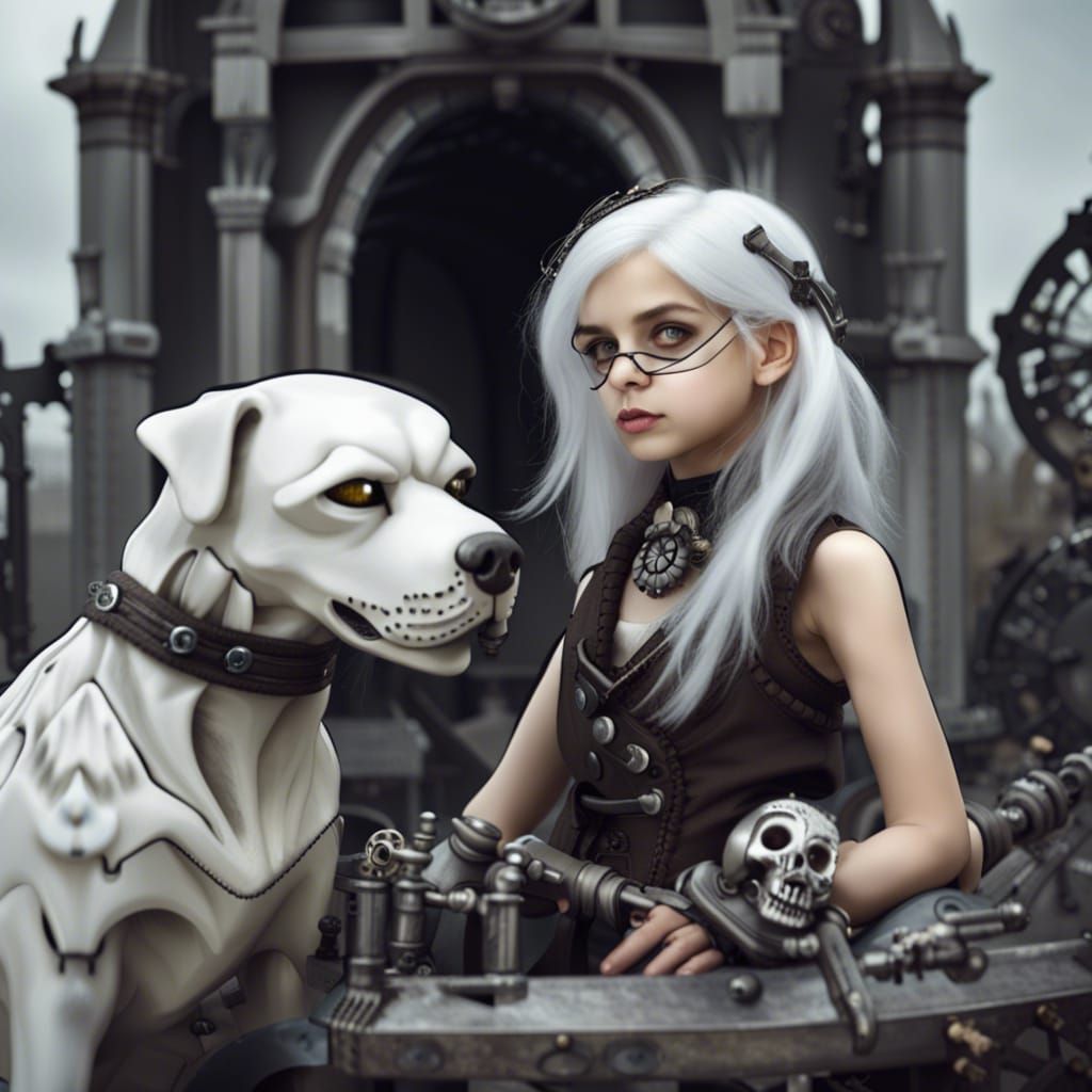 Girl and Skeleton Dog in Steampunk Cemetery