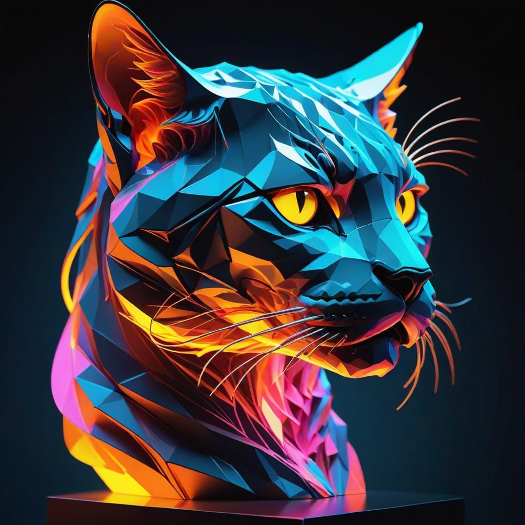 Surreal Polygonal Cat Profile Sculpture in Futuristic Museum