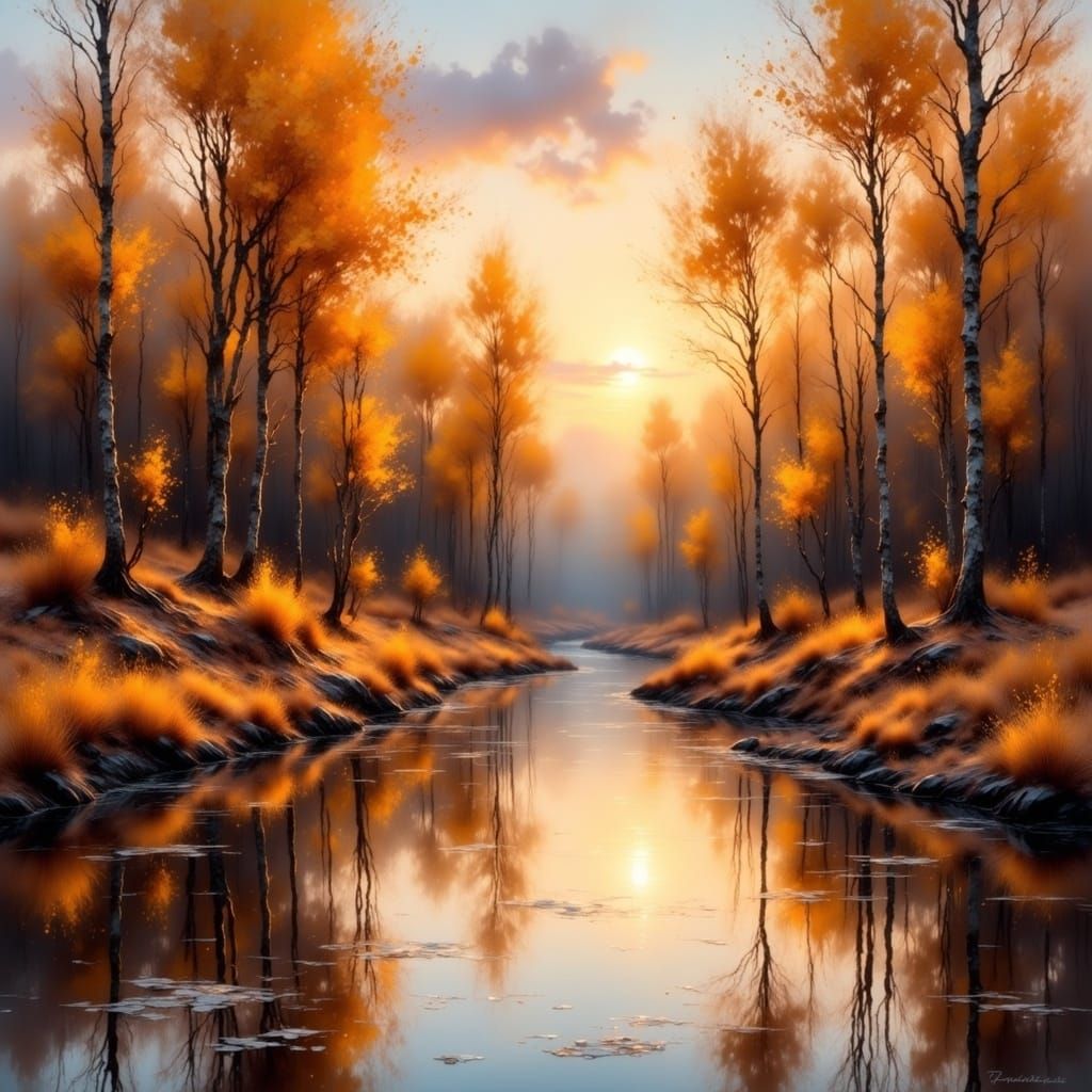 Autumn Forest River in Hyperrealistic Oil Painting