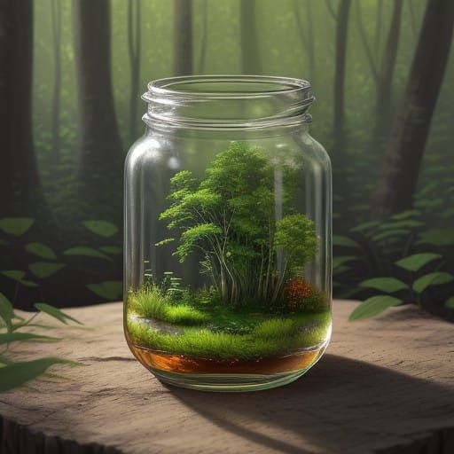 Miniature Forest in Glass Bottle, Vibrant Oil Painting