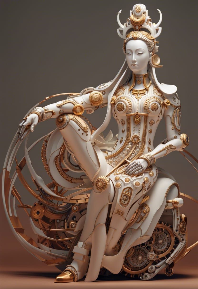 Futuristic Porcelain Cyborg Guanyin: Minimalist HDR Art
