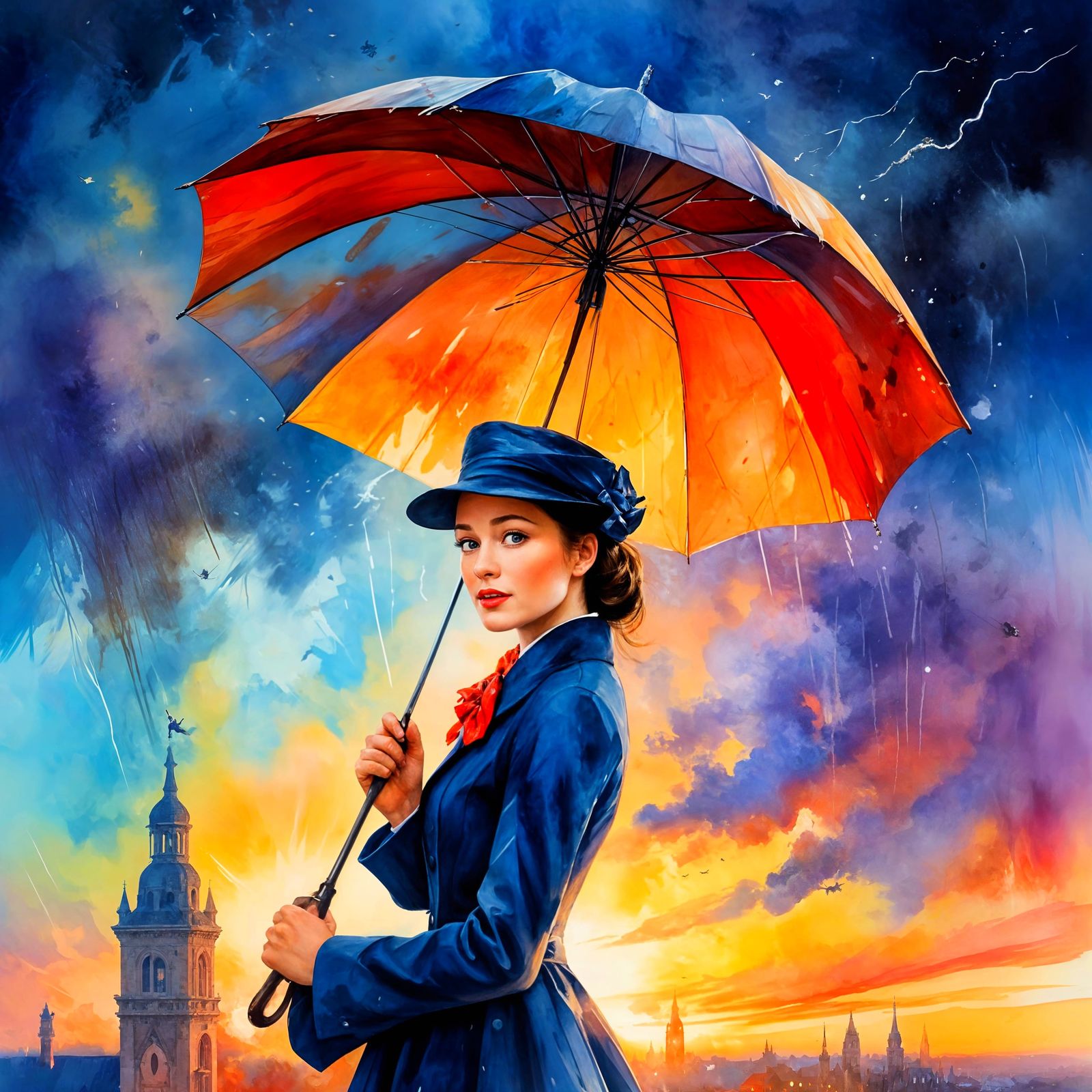Mary Poppins in a Vibrant Watercolor Style
