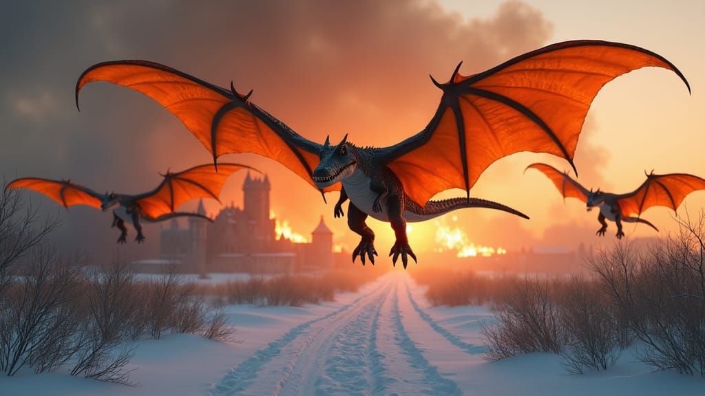 Orange Hybrid Creatures Flee Burning Village