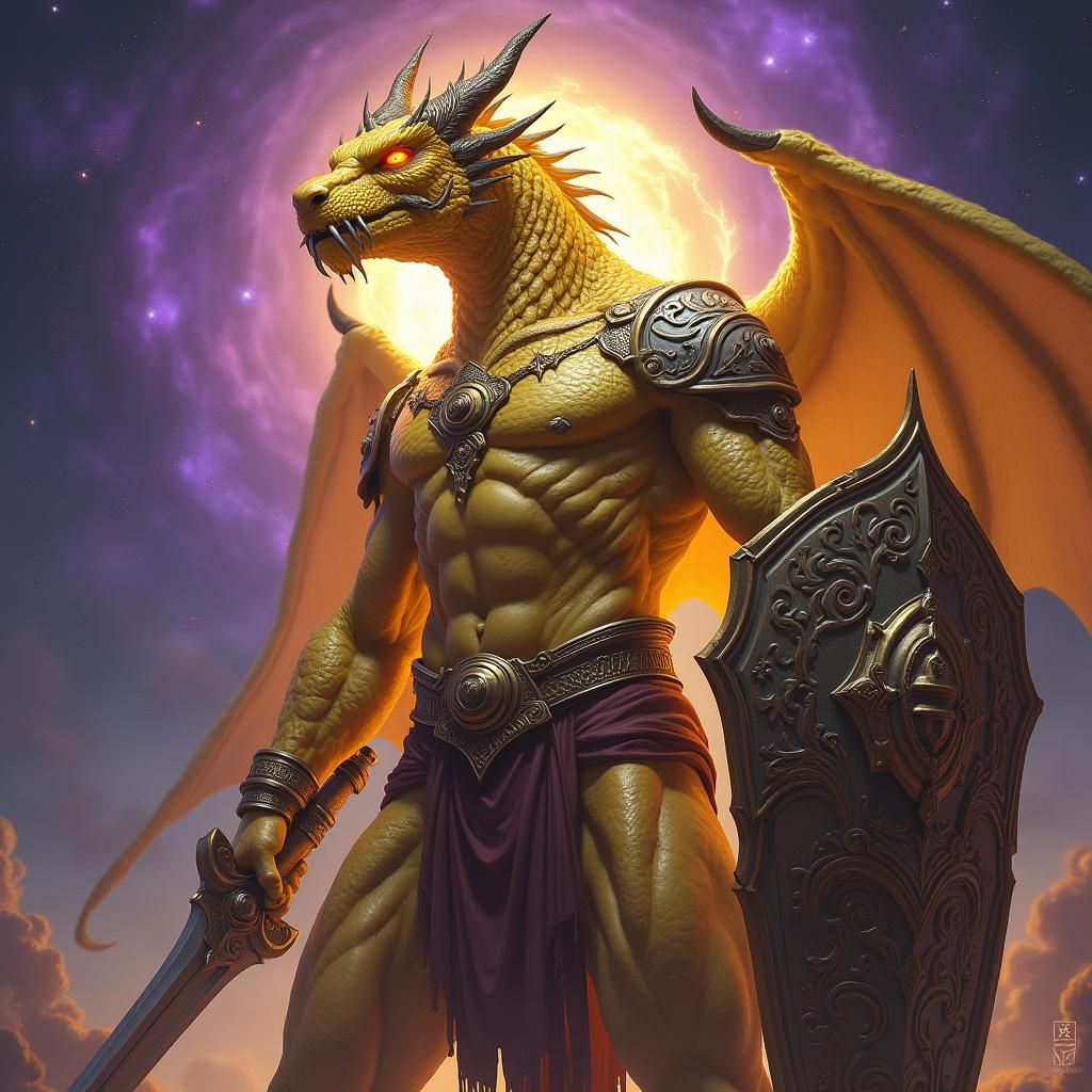 Golden Dragonborn Warrior with Celestial Eyes