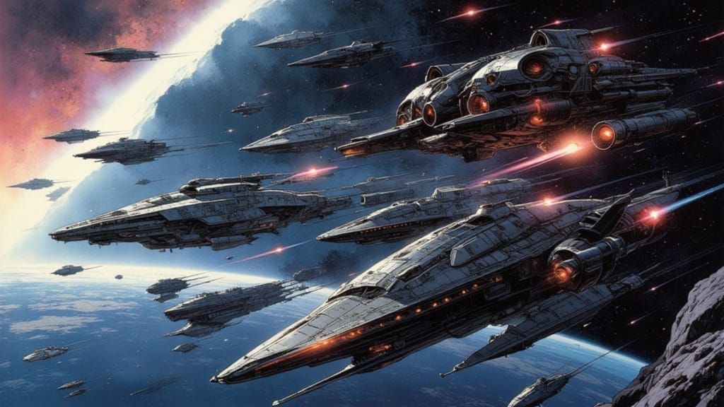 Battle scene between spaceships in a galactic war, in a cine...