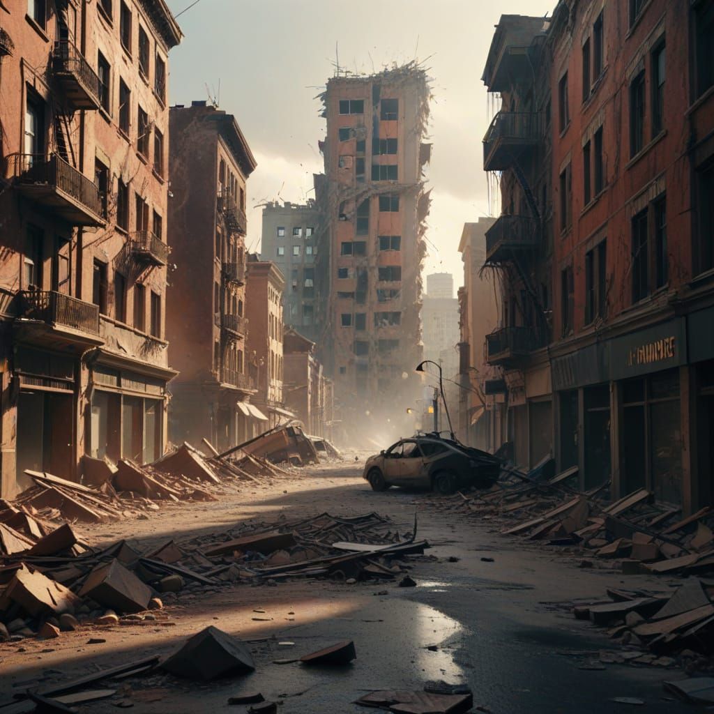 Dramatic Cityscape in Ruins, Disaster Movie Style