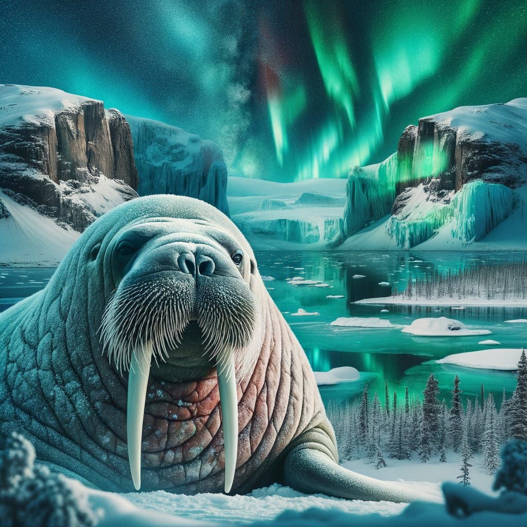 Walrus in Arctic Landscape with Aurora Borealis