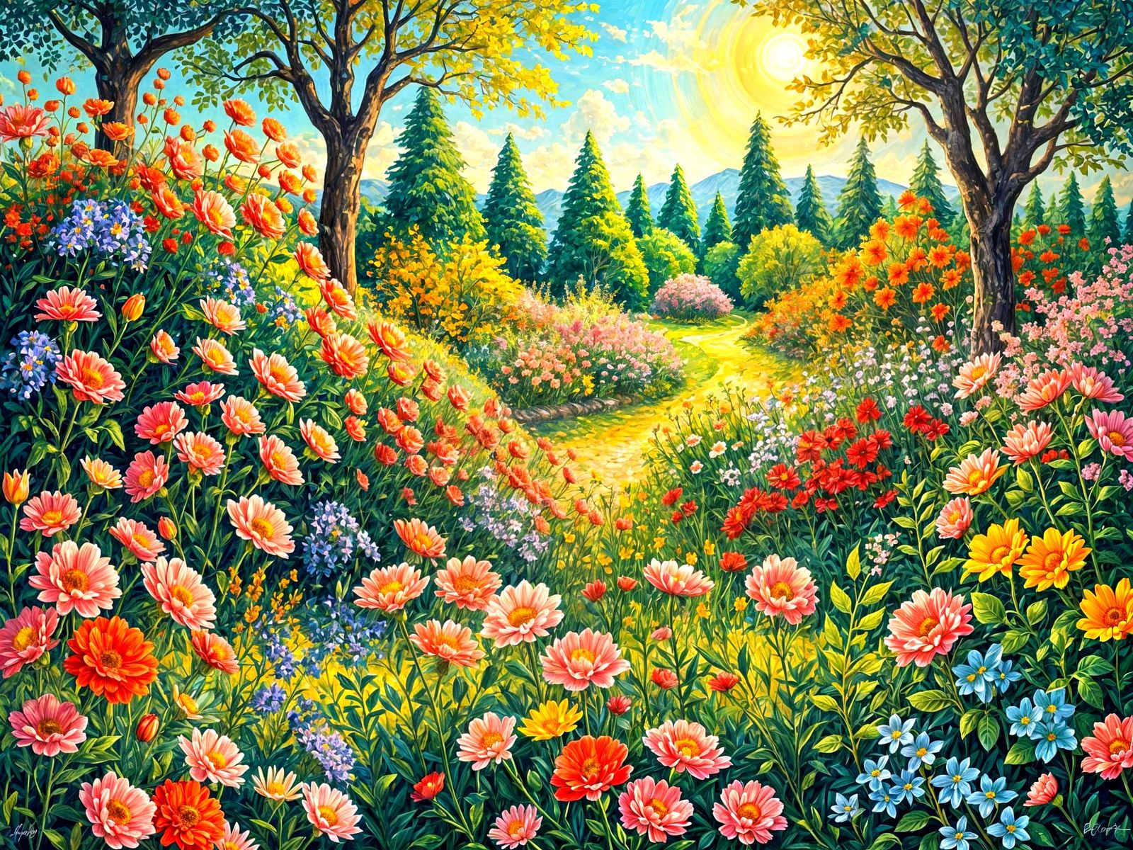 Vibrant Floral Paradise in Impasto Oil Painting