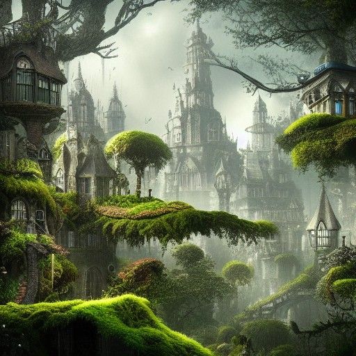 Moss-Covered Buildings in Detailed Digital Painting