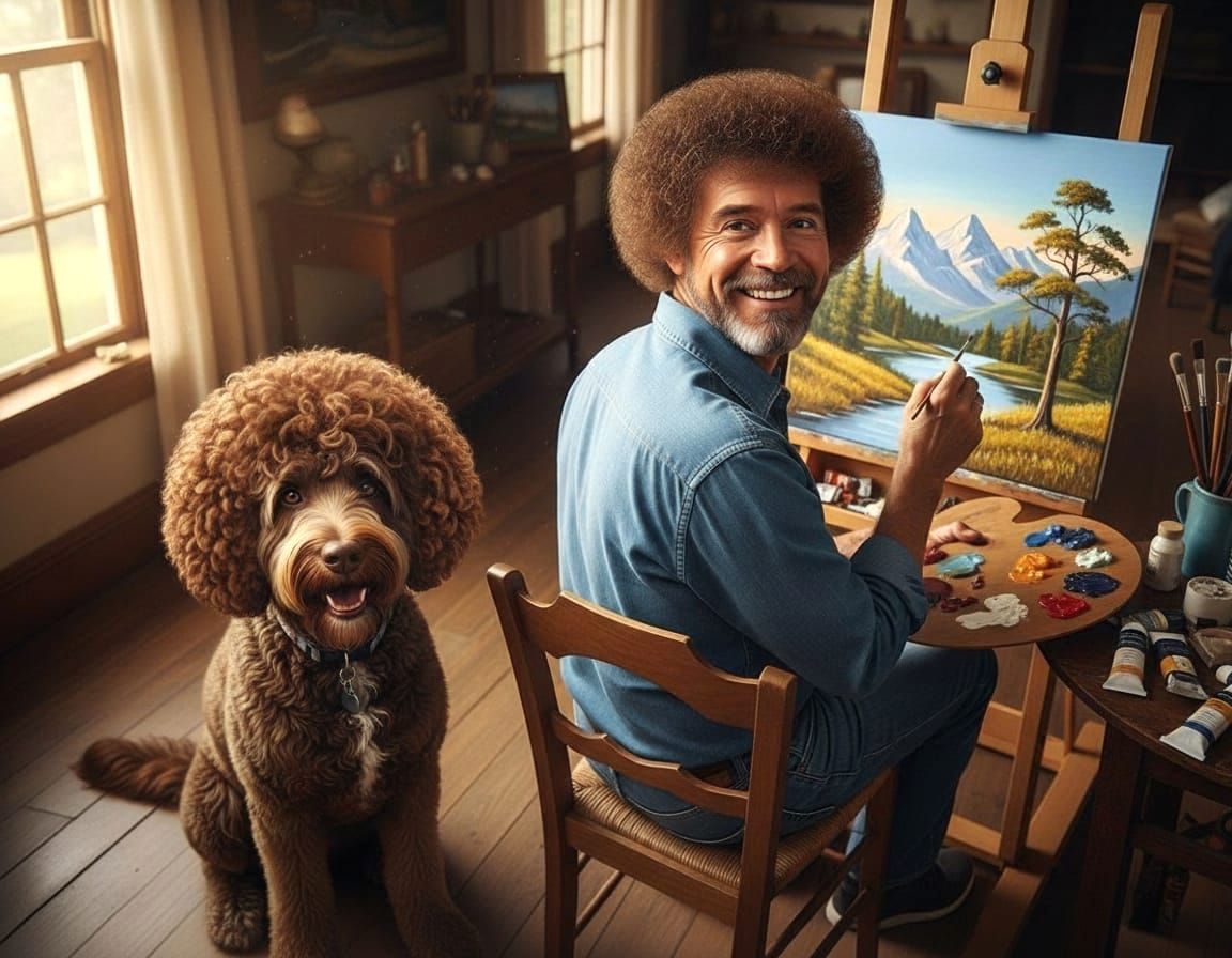 Painter Bob Ross and his Labradoodle dog