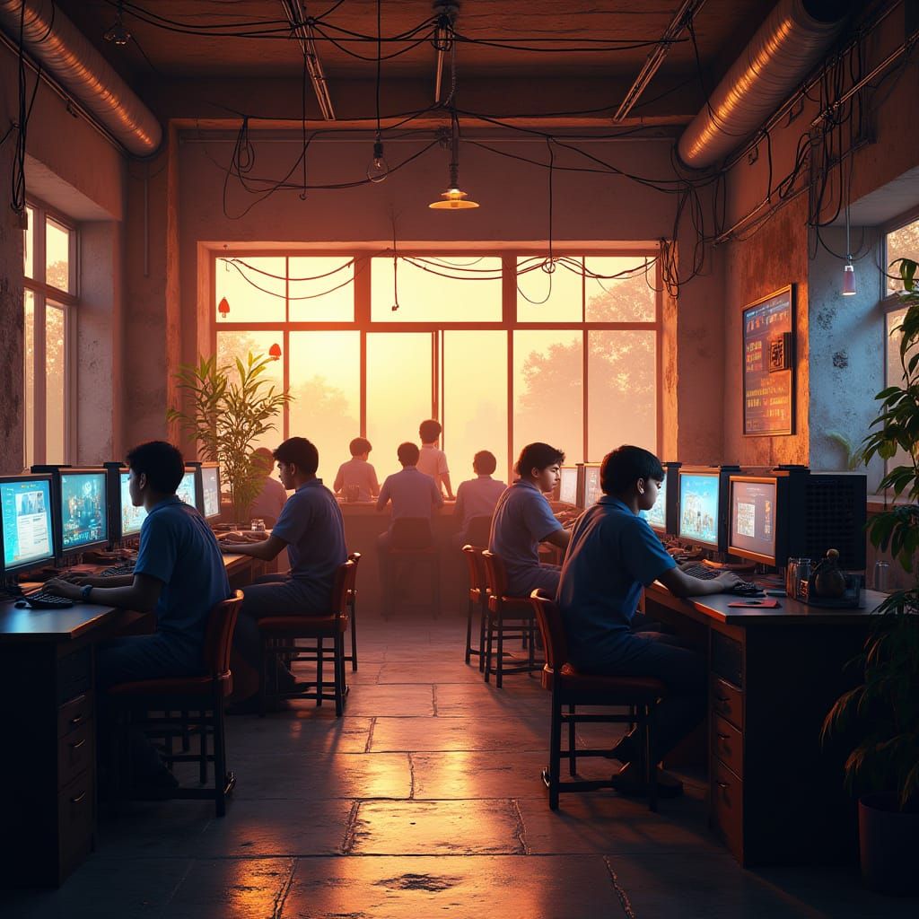 Vibrant Internet Cafe in Bihar as Detailed Matte Painting