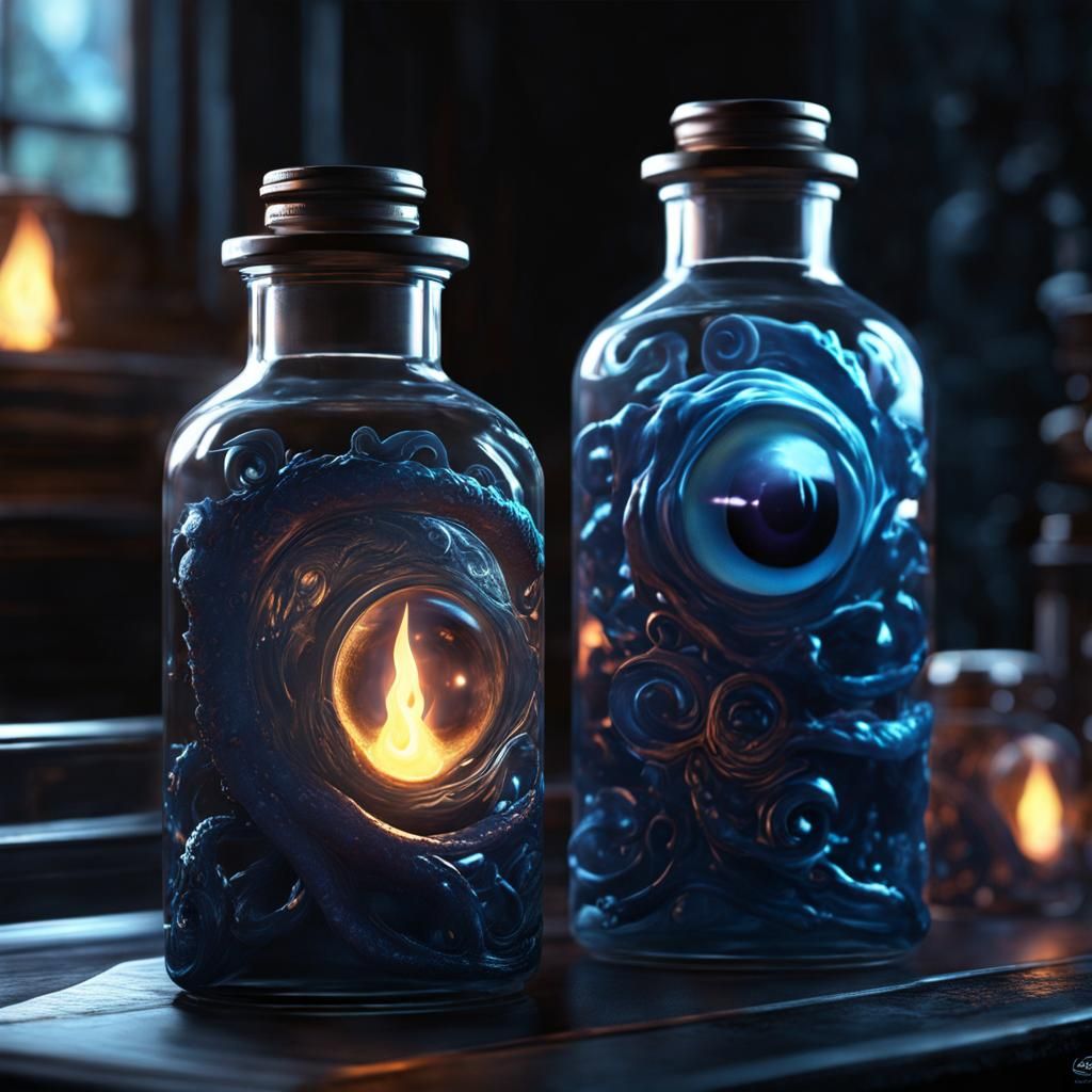 Nightmare fuel in glass bottles.  Eyes float in it., hyperdetailed, eldritch, digital painting, evil liquid, concept art...