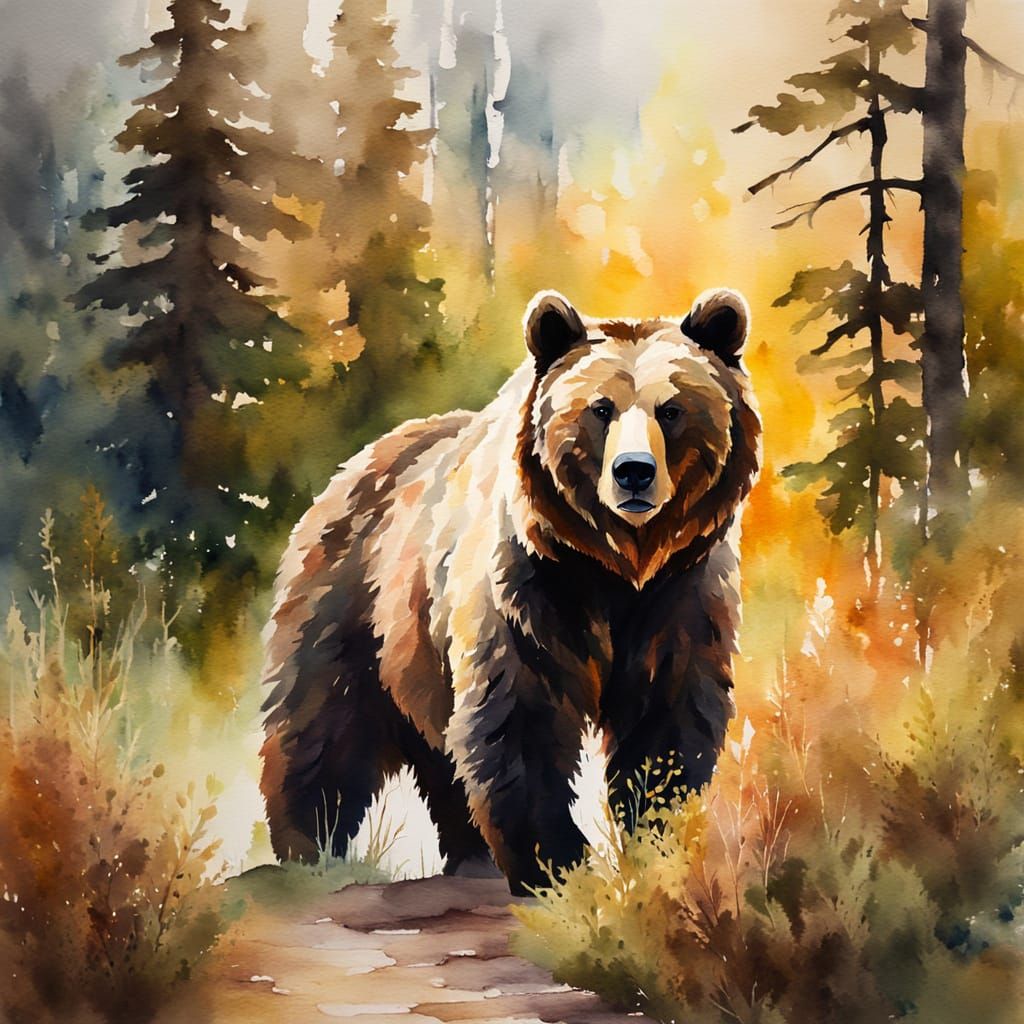 Grizzly Bear Prowls Forest: Watercolor Painting