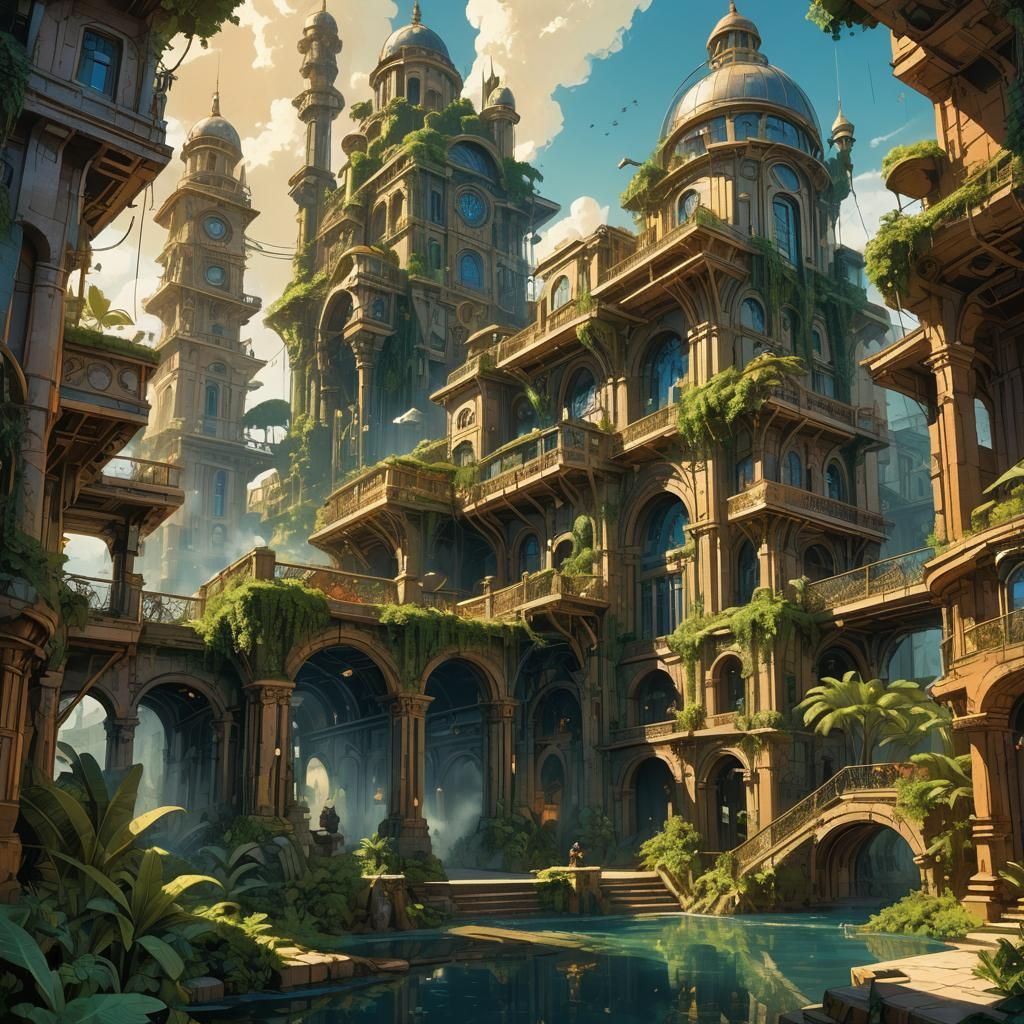 Steampunk Roman City on Pacific Island in Graphic Novel Styl...