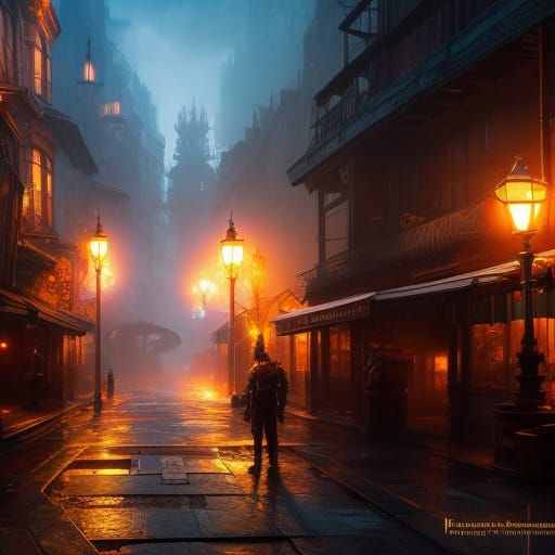 Steampunk City Alley in Dark Tones