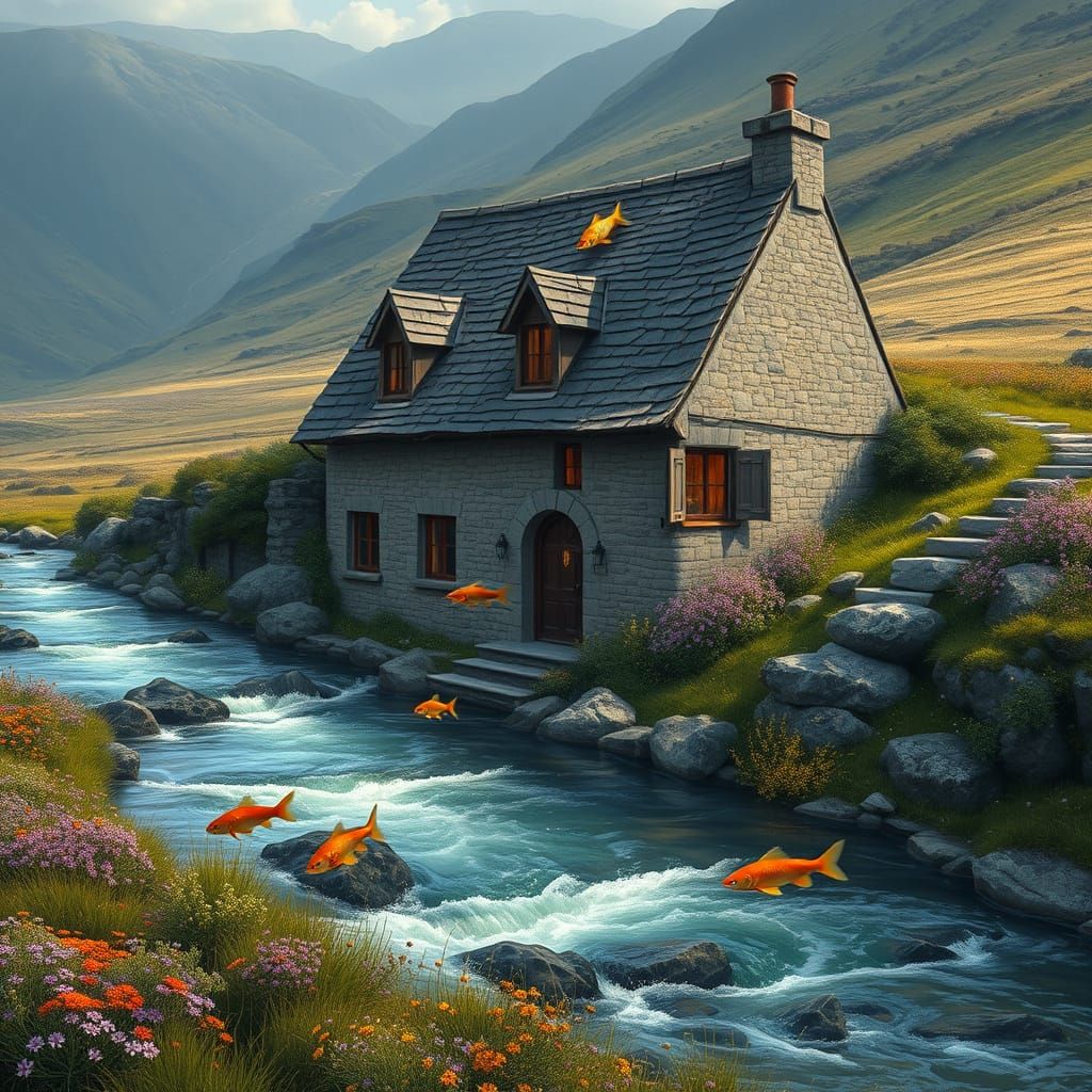 Submerged Cottage in Moorland Landscape, Detailed Matte Pain...