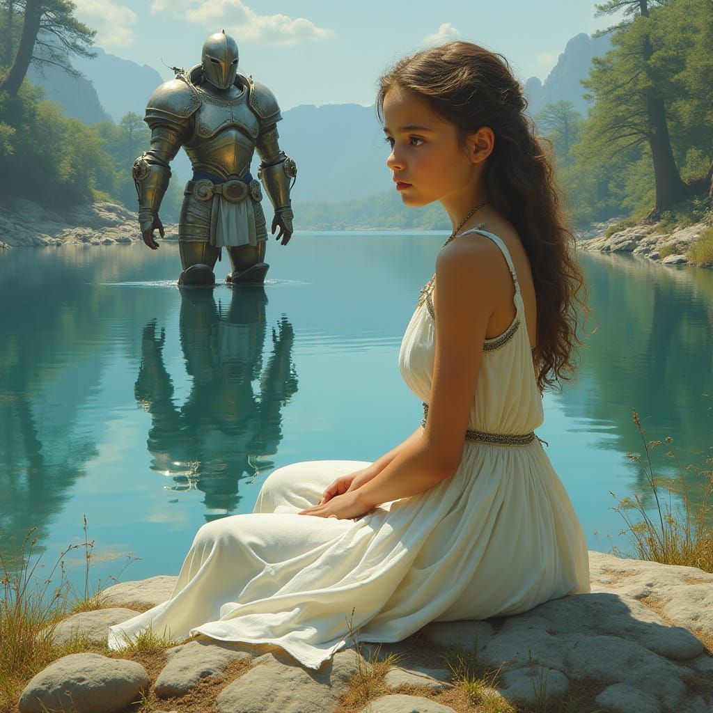 Ethereal Girl Confronts Ancient Warrior in Majestic Lake Ref...