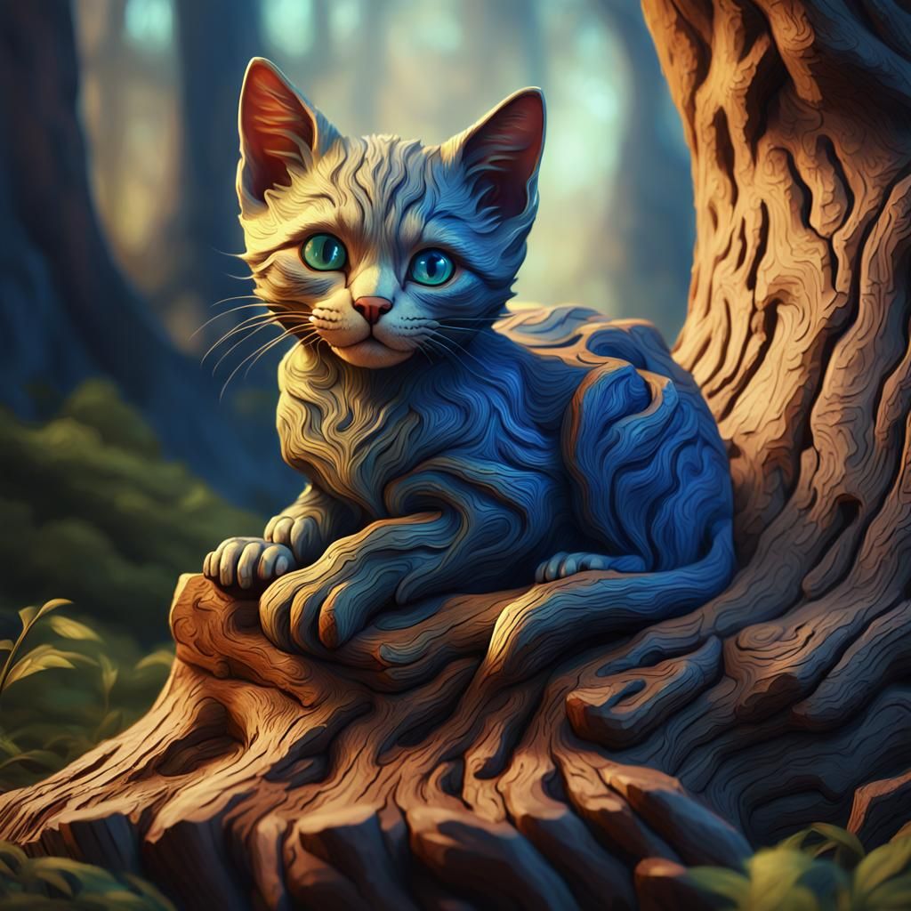 Detailed Wooden Kitten on Tree Stump