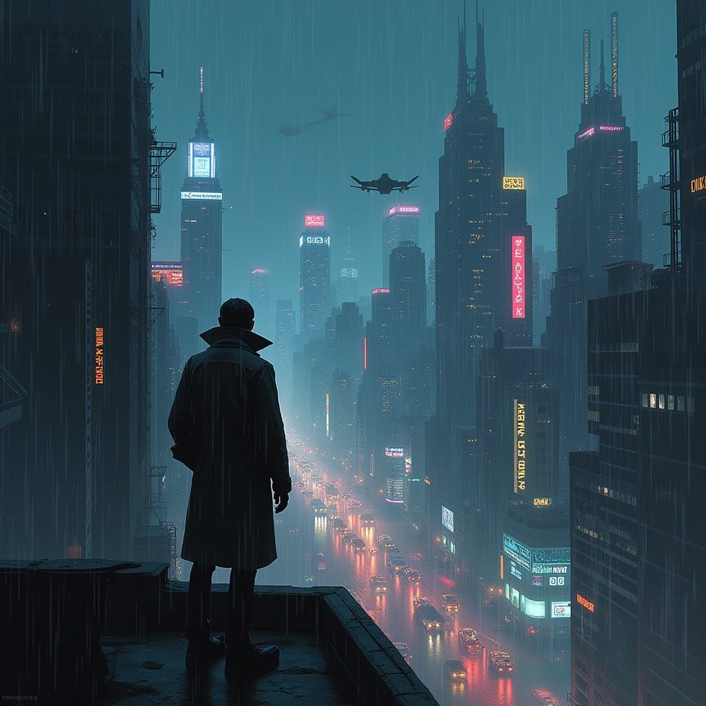 Cyberpunk Cityscape at Night with Flying Vehicles