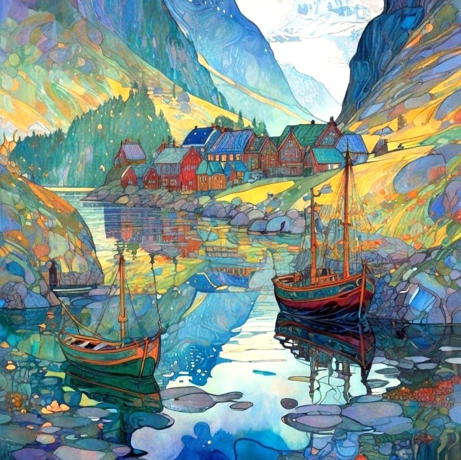Misty Norwegian Fjord in Art Nouveau Style