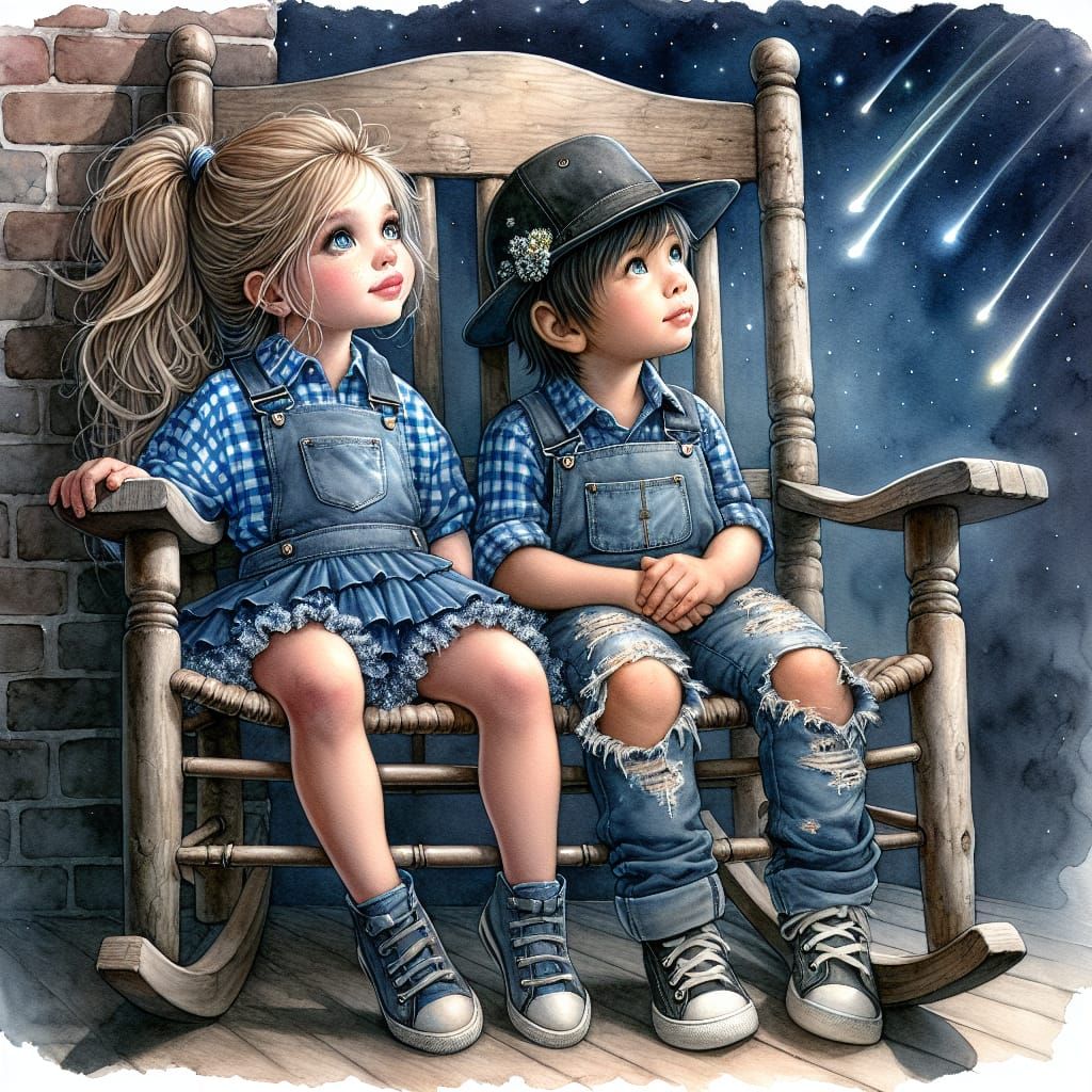 Children Watch Shooting Stars in Watercolor Painting