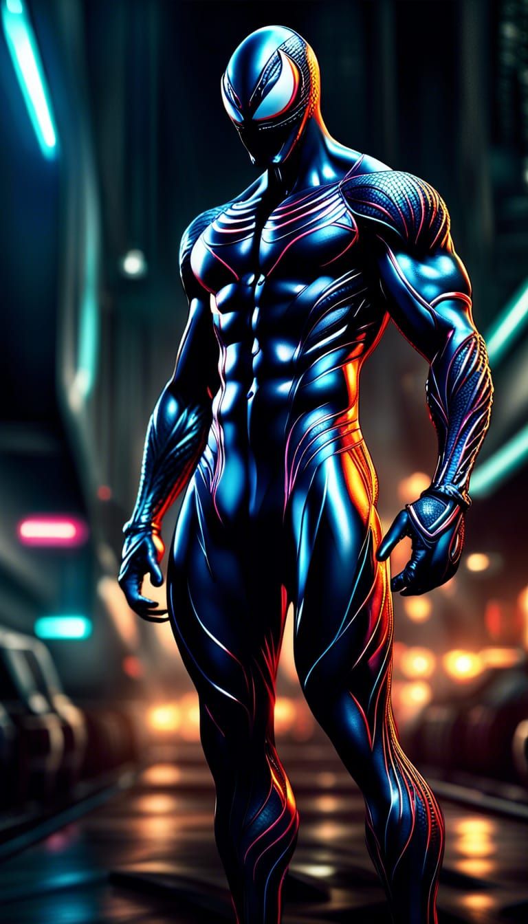 Muscular Man in Venom Suit: Detailed Digital Painting