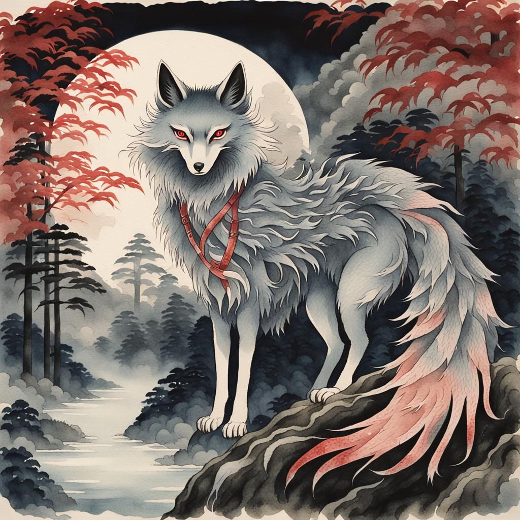 Nine-Tailed Fox Spirit in Asian Watercolor Style
