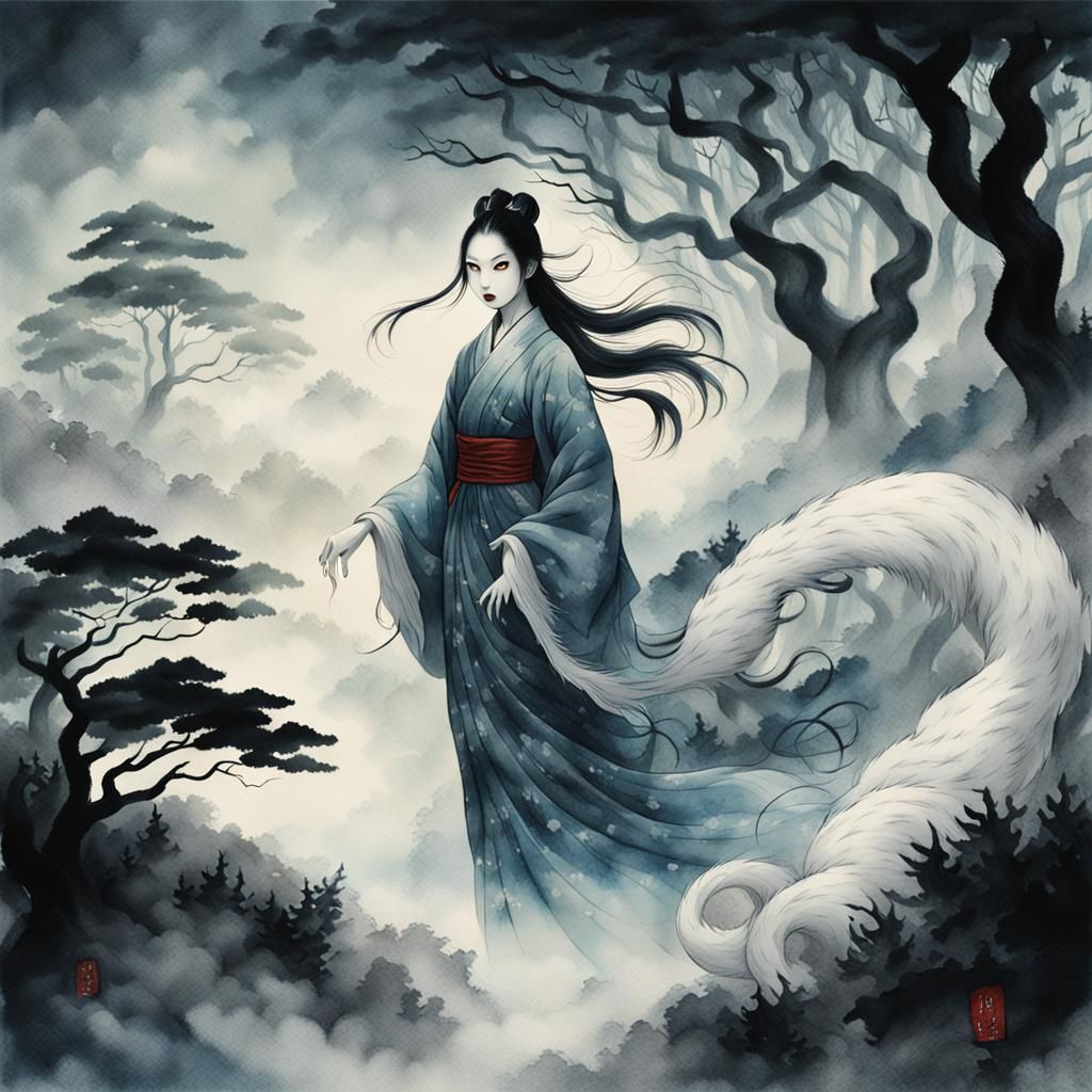 Eerie Nine-Tailed Fox in Misty Forest