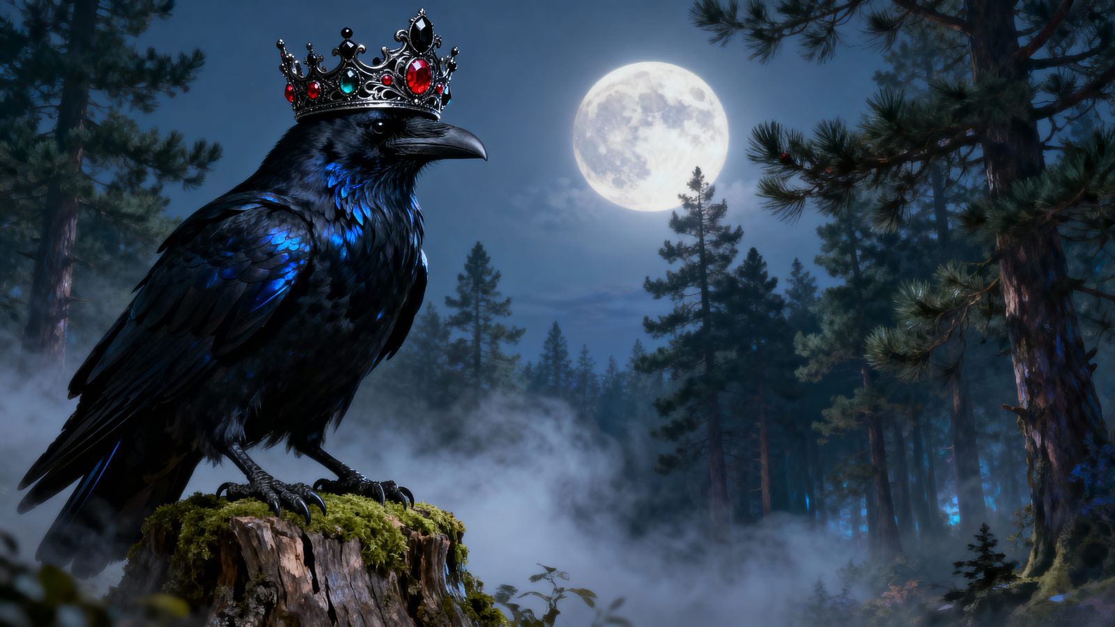 Raven King on Moonlit Forest Stump