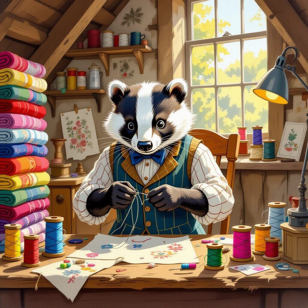 Badger Tailor Stitching Waistcoat in Sunlit Workshop