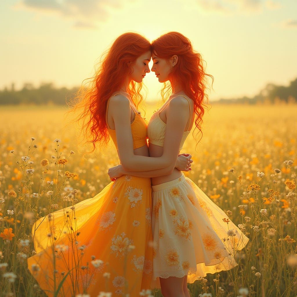 Surreal Summer Goddesses Embracing in a Vibrant Meadow