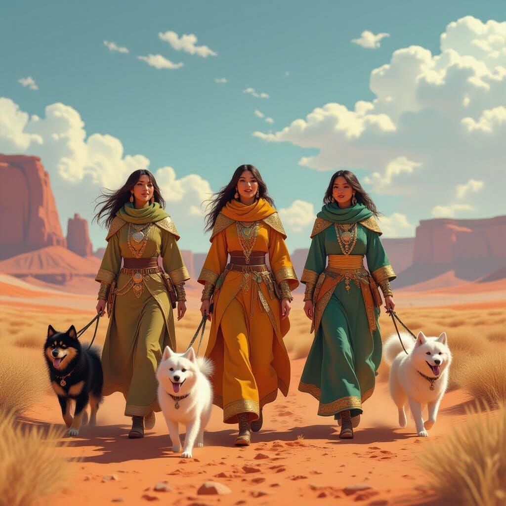 Women Shamans and Dogs Singing in Desert Canyon
