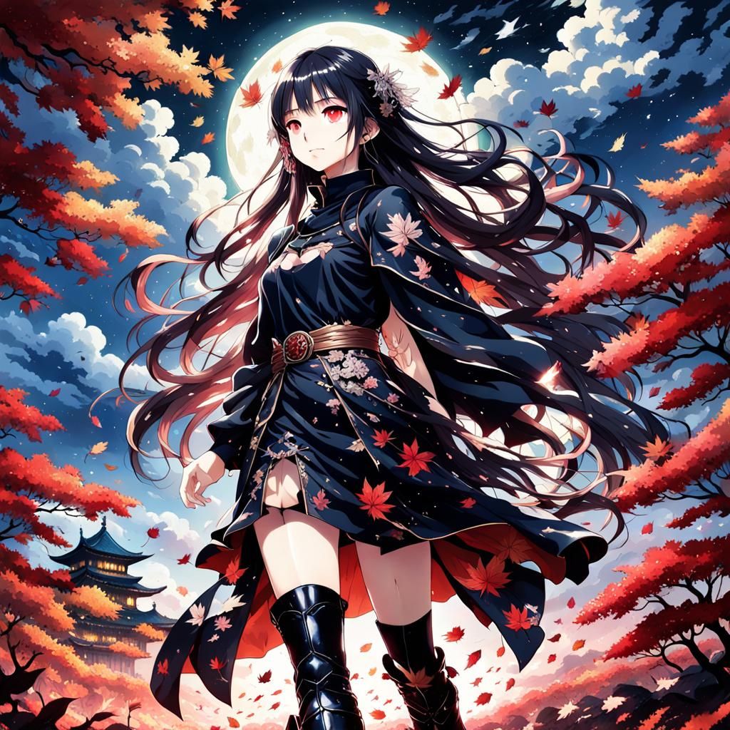 Mysterious Woman in Autumn Landscape, Anime Art