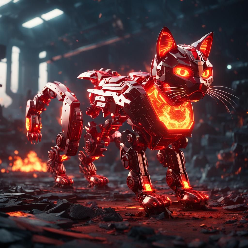 Fiery Red Cat with Intricate Mech Details