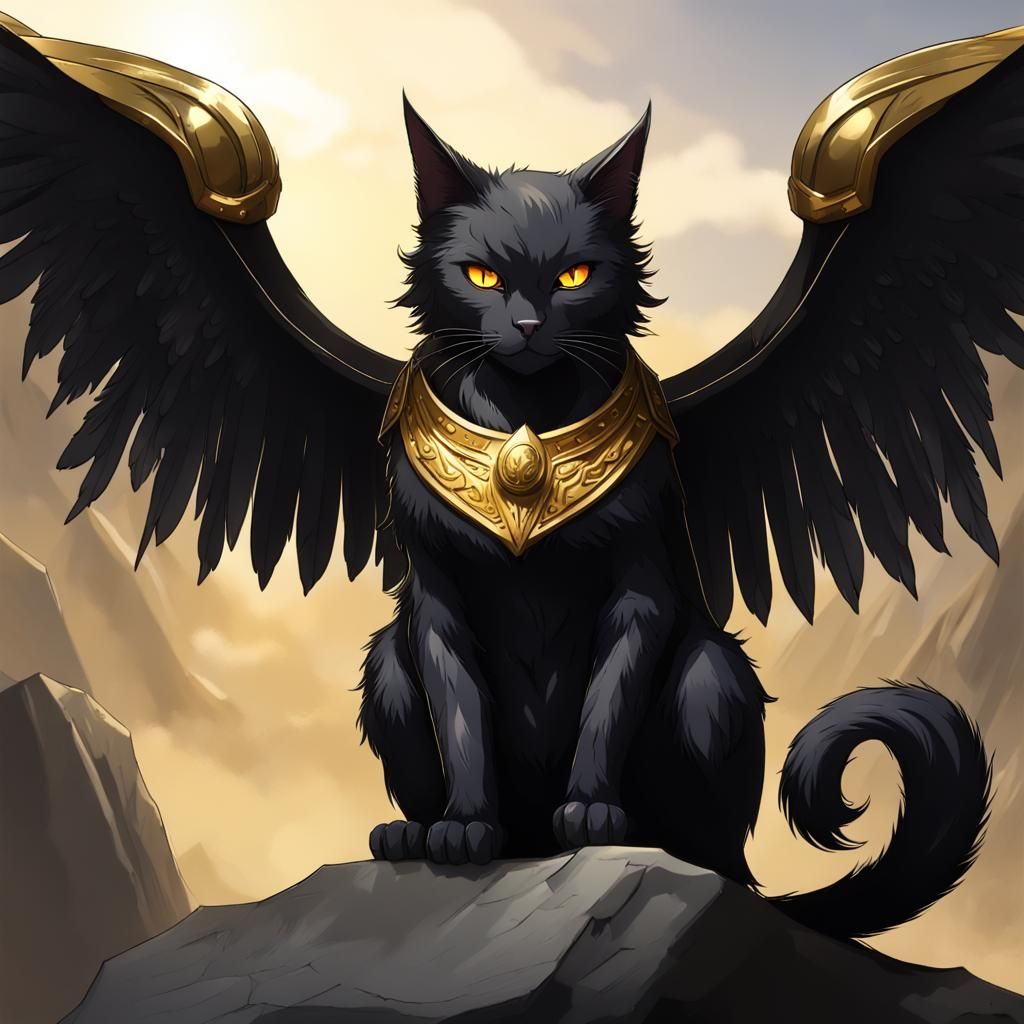Winged Black Cat with Golden Eyes in Anime Style