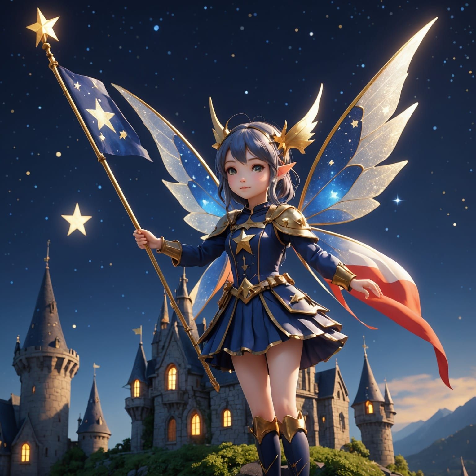 Starry Fairy Castle Girl Holding Flag in Anime Style