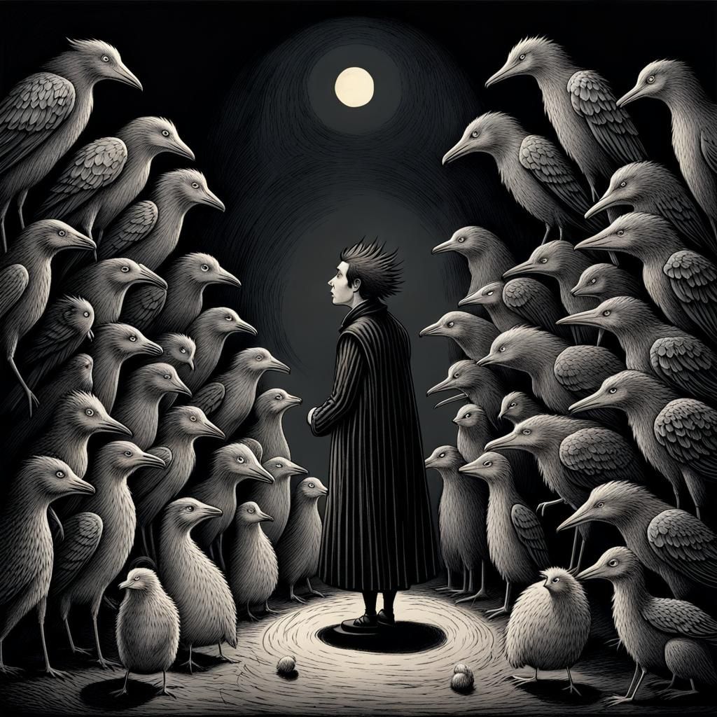 Anxious Creature Confrontation in Gothic Art Style