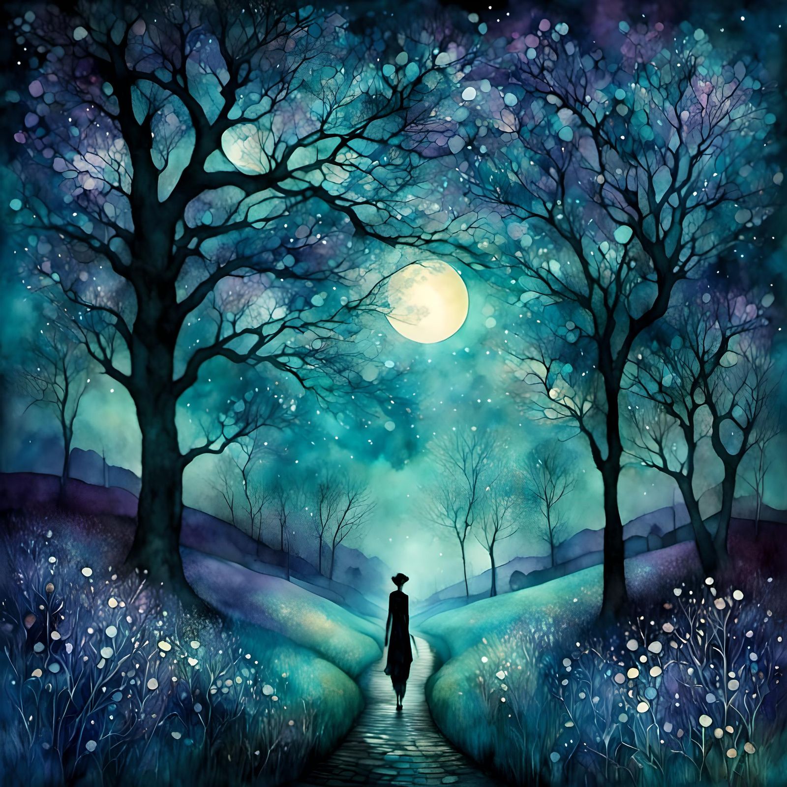 Luminous Night Stroll in Liquid Ink Style
