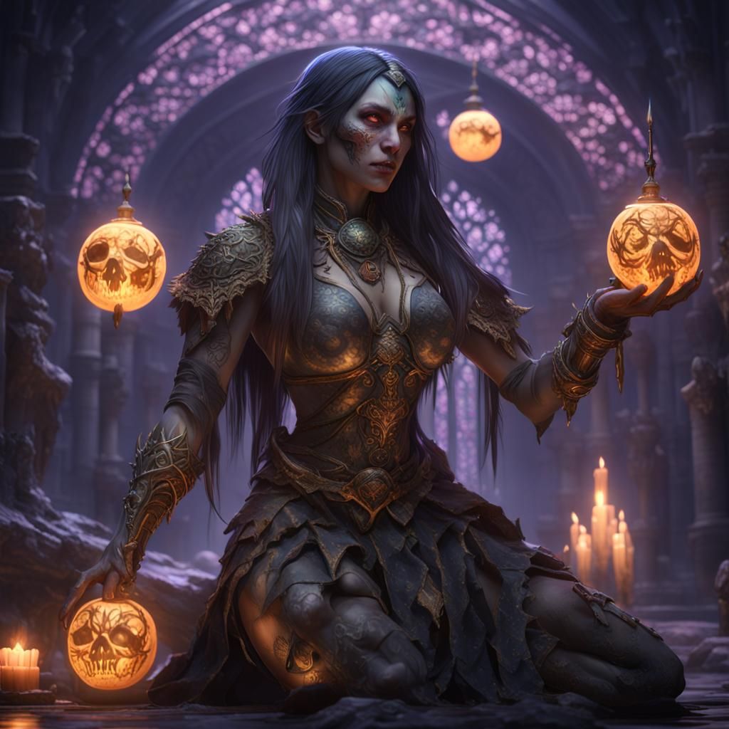Female Necromancer in Prayer: Dark Fantasy Concept Art