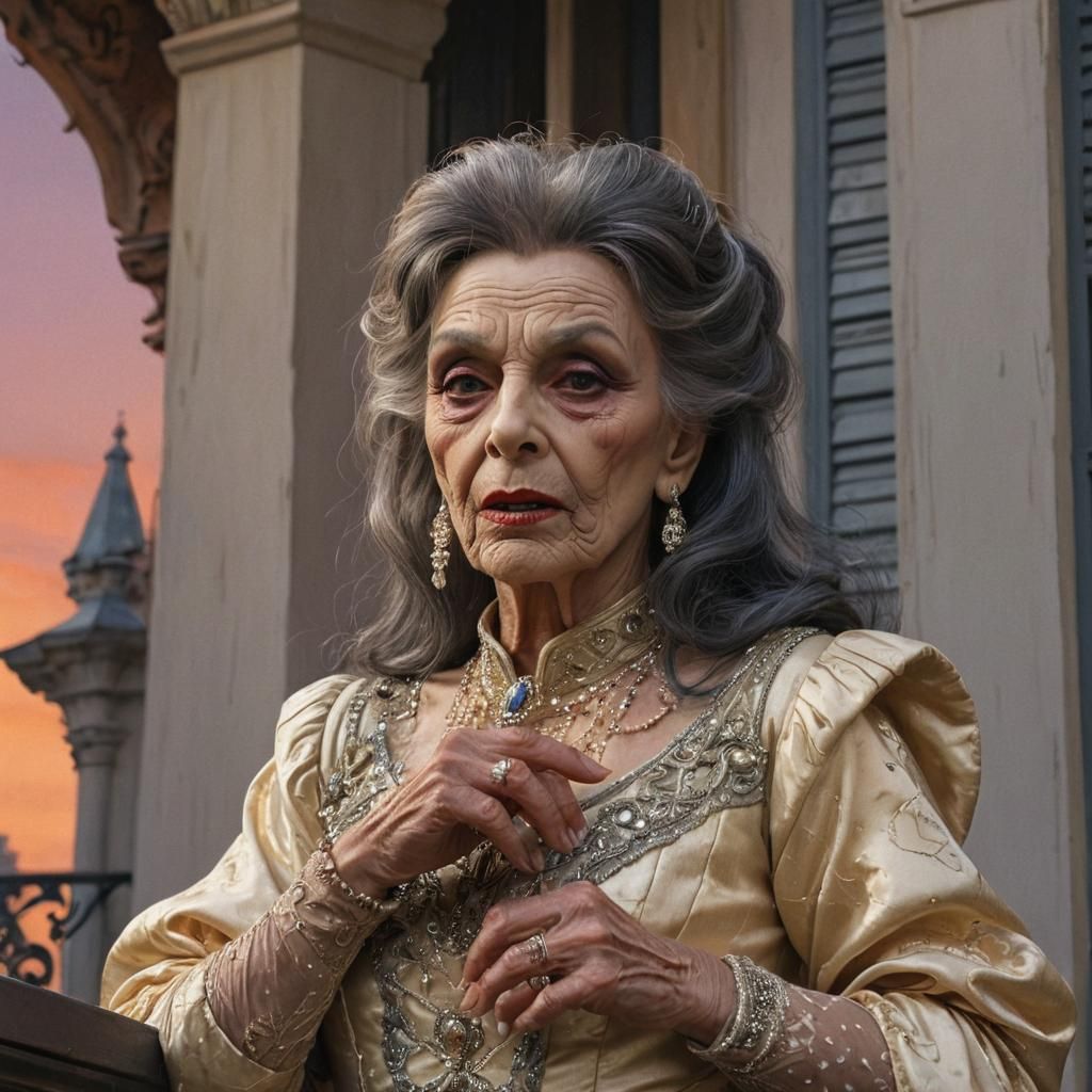 Transvestite Juliet on Balcony in Ornate Oil Painting