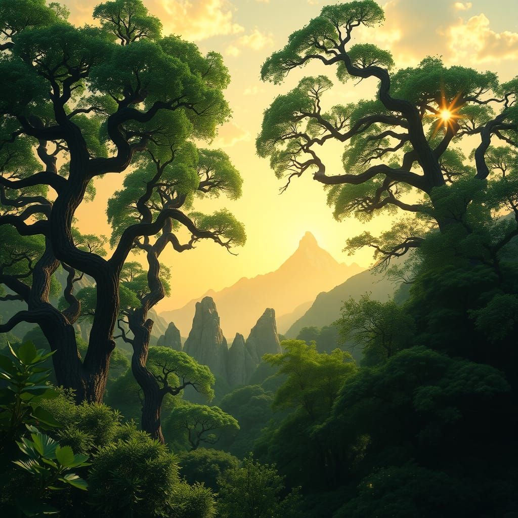Verdant Fantasy Landscape at Sunset