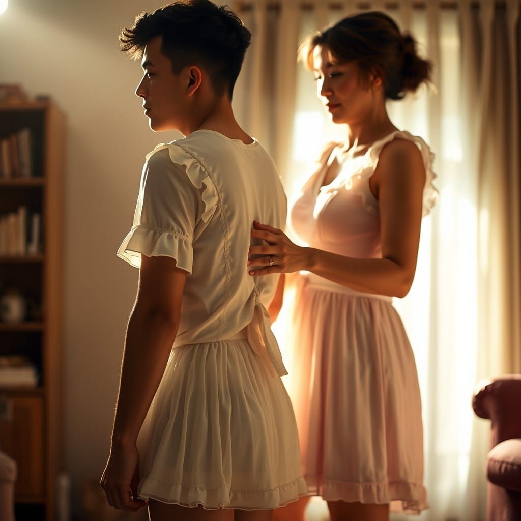 Mother Tenderly Dresses Son with Love in Frilly Lolita Outfi...