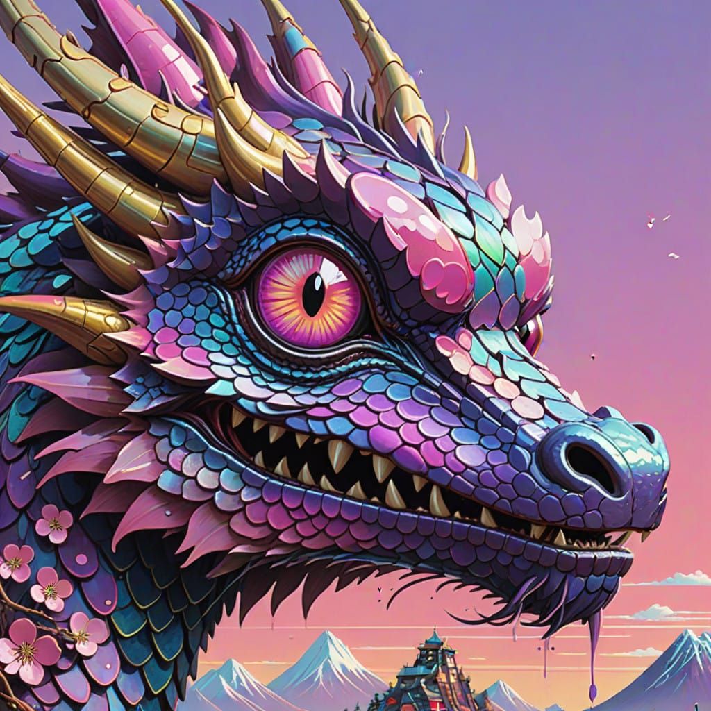 Vibrant Purple Dragon Head in Hyper-Realistic, Pop-Art Style