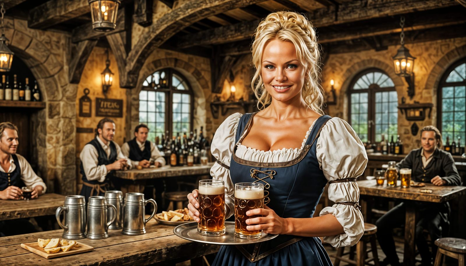 Medieval Barmaid Winks at Camera in Bavarian Tavern