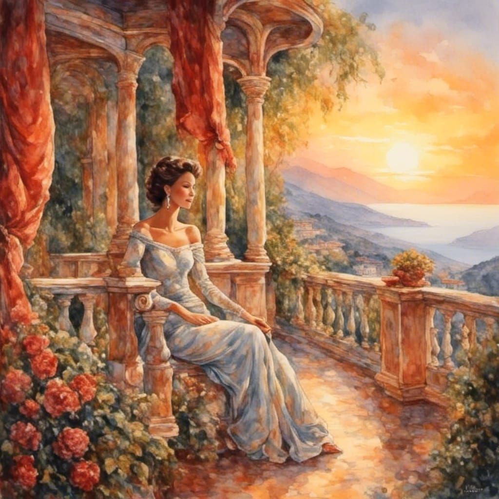 <lora:Face:1.0> at sunset, there's a beautiful woman sitting on her balcony