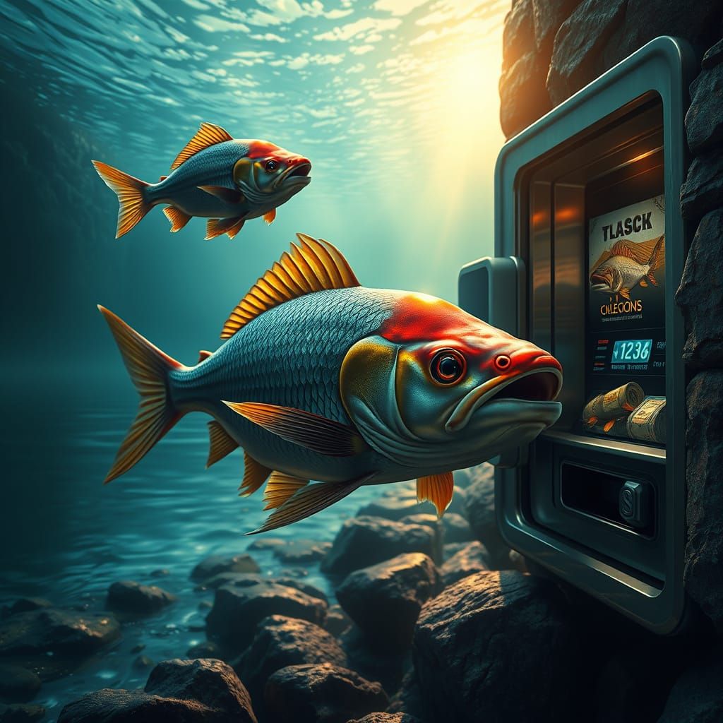 Fish Approaching Cash Machine in Hyper-Realistic Style