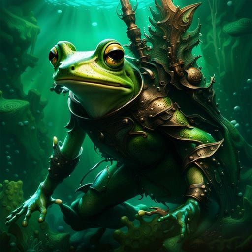Underwater Green Frog Knight in Dark Fantasy Style